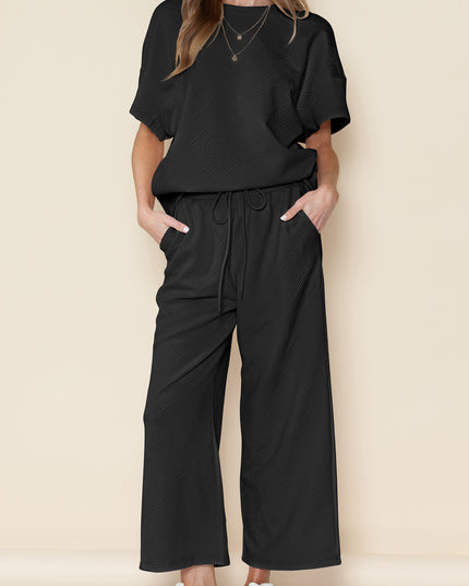 Black Textured Loose Fit T Shirt and Drawstring Pants Set