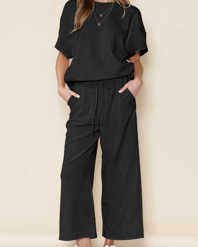 Black Textured Loose Fit T Shirt and Drawstring Pants Set