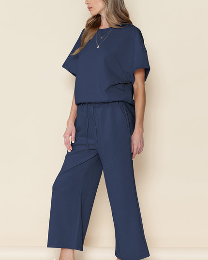 Black Textured Loose Fit T Shirt and Drawstring Pants Set