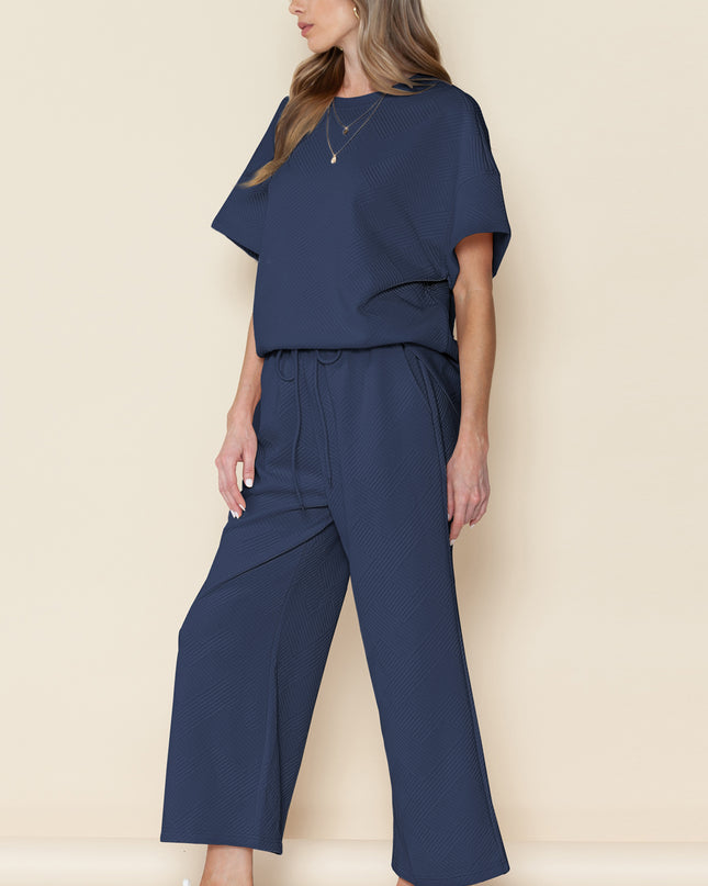 Black Textured Loose Fit T Shirt and Drawstring Pants Set