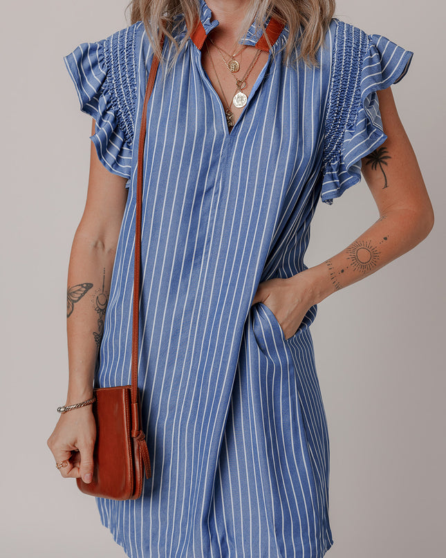 Sky Blue Stripe Frilly Split Neck Shirred Ruffle Sleeve Mini Shift Dress