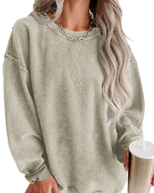 Green Ribbed Round Neck Drop Sleeve Pullover Sweatshirt