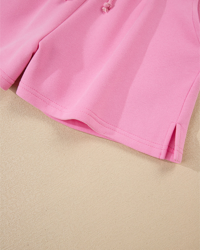 Strawberry Pink Colorblock Pullover and Drawstring Shorts Set