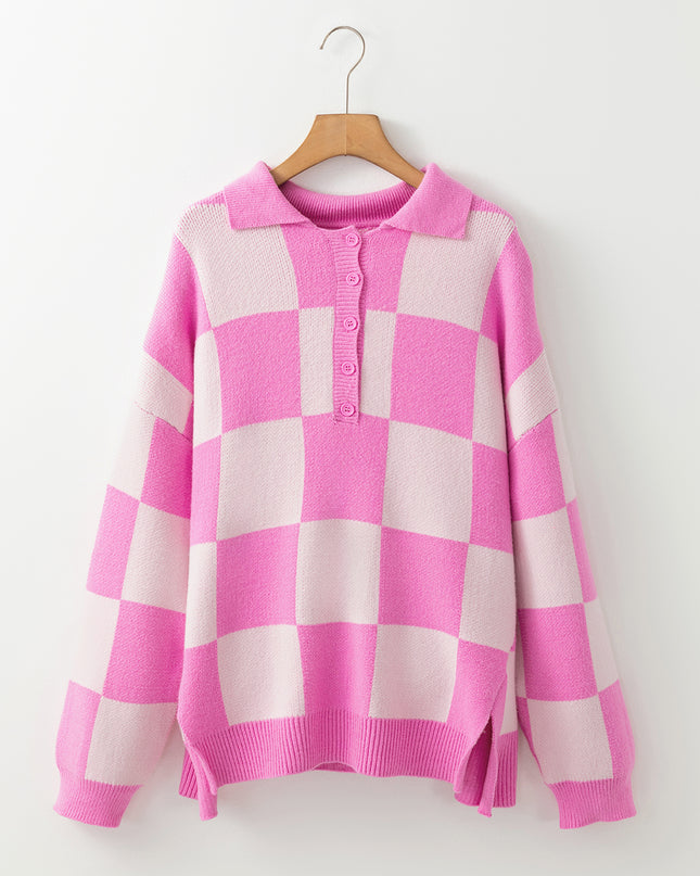 Pink Checkered Button Collared Sweater