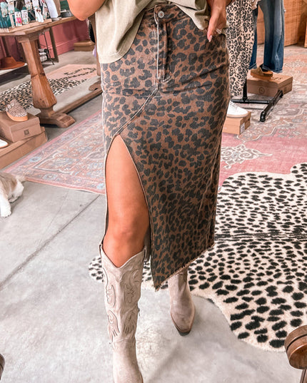 Brown Leopard Frayed Split Denim Midi Skirt