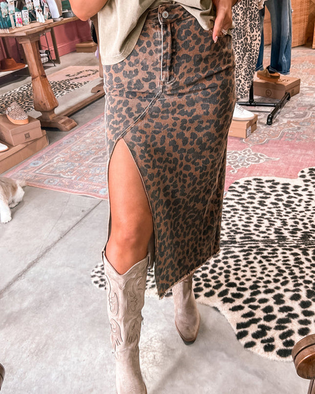 Brown Leopard Frayed Split Denim Midi Skirt
