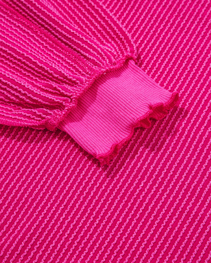 Strawberry Pink Twisted Ribbed Seamed Patchwork Long Sleeve Top