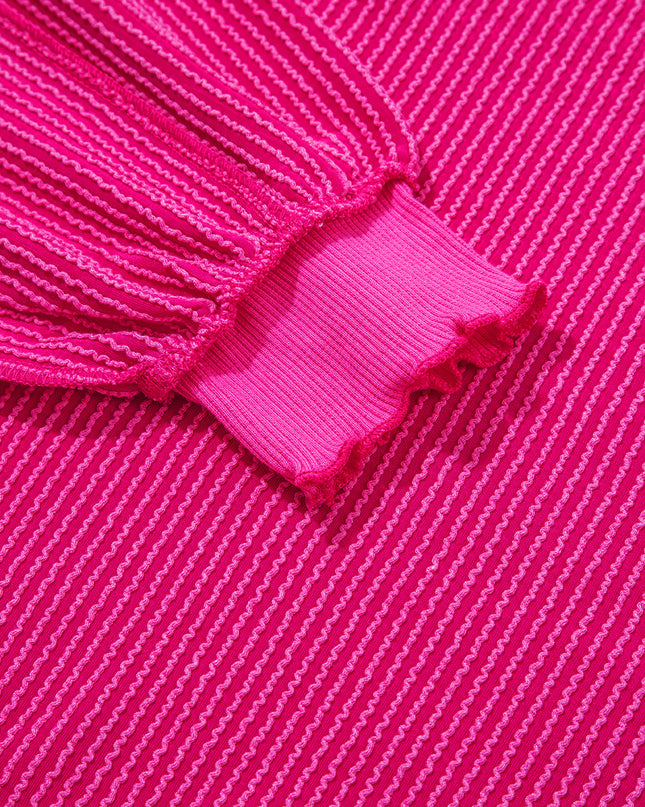 Strawberry Pink Twisted Ribbed Seamed Patchwork Long Sleeve Top