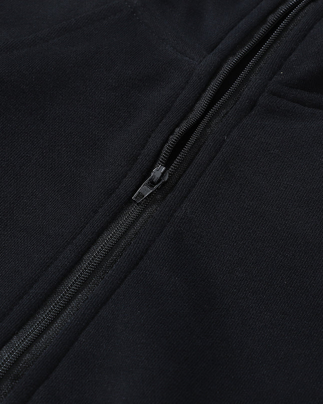 Black Zip Up Stand Collar Ribbed Thumbhole Sleeve Sweatshirt
