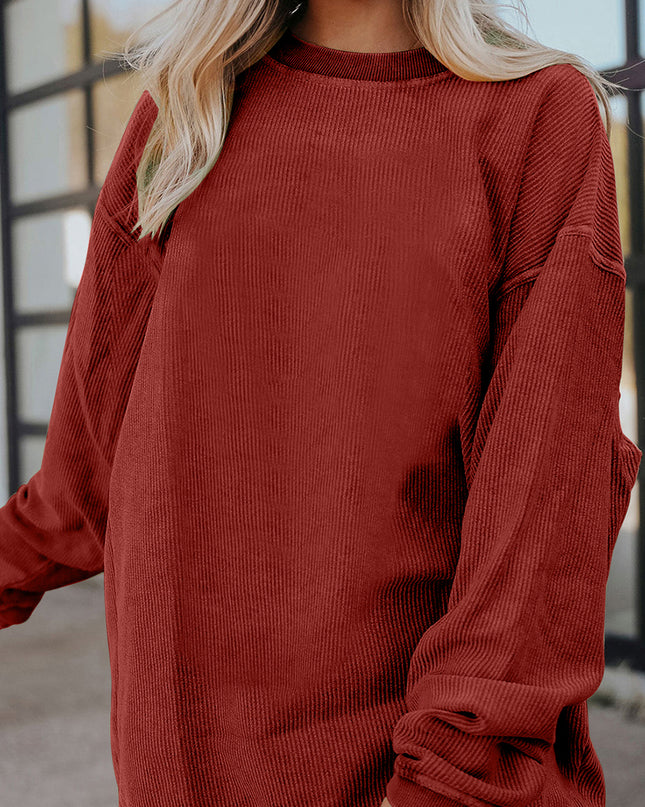 Red Plain Drop Sleeve Rib Knit Oversized Sweatshirt