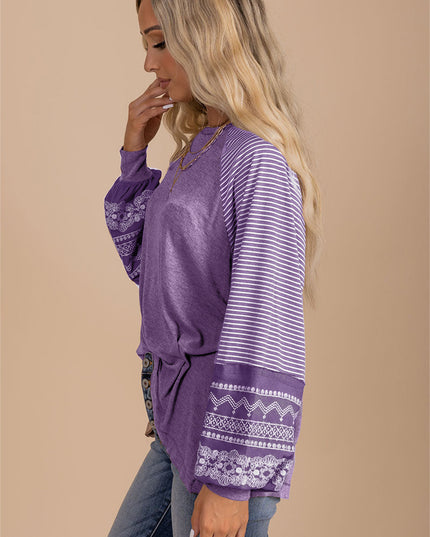 Rose Red Contrast Print Striped Raglan Long Sleeve Loose Top