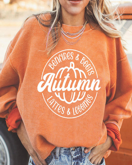 Orange Pumpkin Graphic Print Corded Oversized Sweatshirt