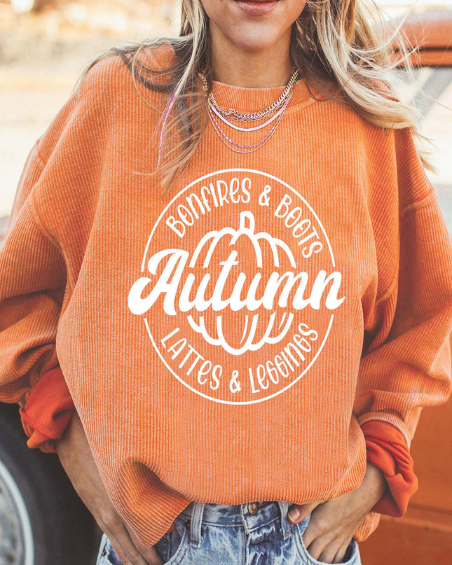 Orange Pumpkin Graphic Print Corded Oversized Sweatshirt