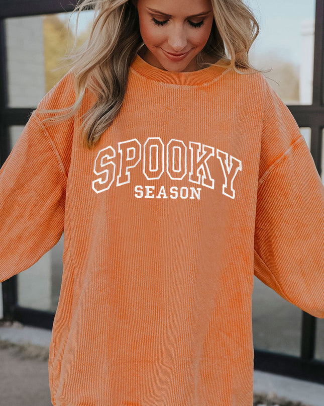 Orange SPOOKY SEASON Embroidered Letter Graphic Twisted Ribbed Sweatshirt