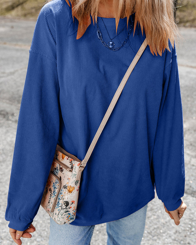 Red Plain Drop Sleeve Rib Knit Oversized Sweatshirt
