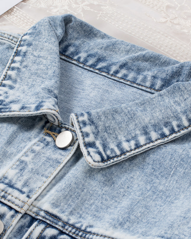 Light Blue Distressed Ripped Raw Hem Buttons Denim Jacket