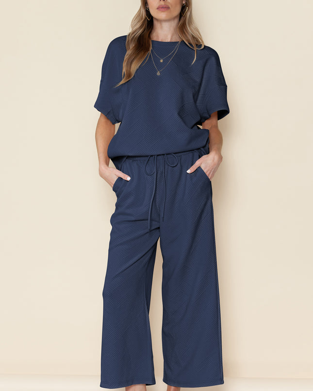 Black Textured Loose Fit T Shirt and Drawstring Pants Set