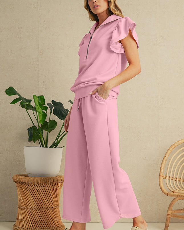 Beau Blue Textured Ruffle Sleeve Zipped Top and Wide Leg Pants Set