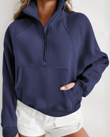 Black Zip Up Stand Collar Ribbed Thumbhole Sleeve Sweatshirt