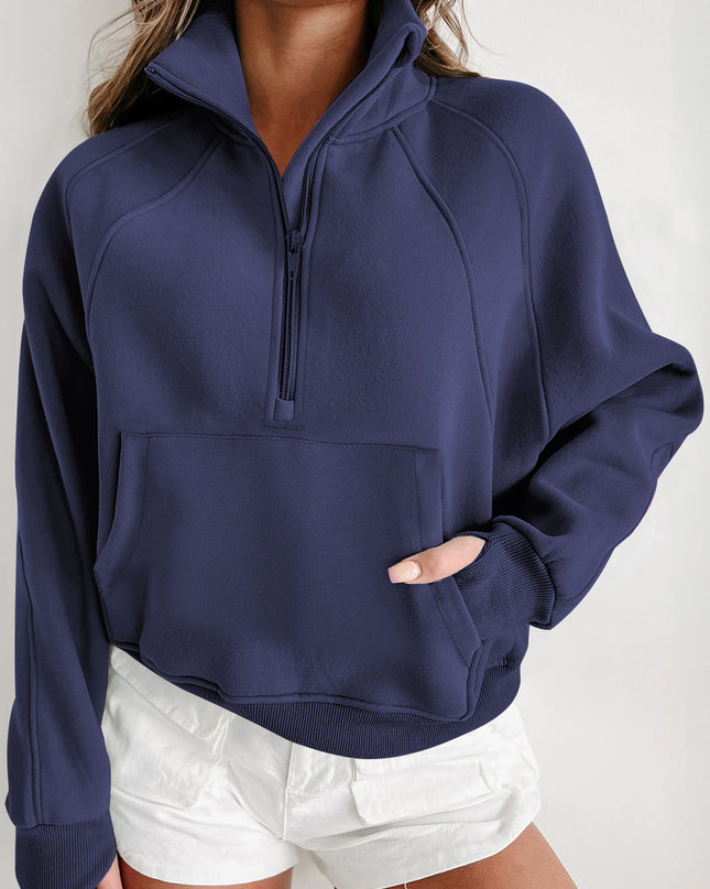 Black Zip Up Stand Collar Ribbed Thumbhole Sleeve Sweatshirt