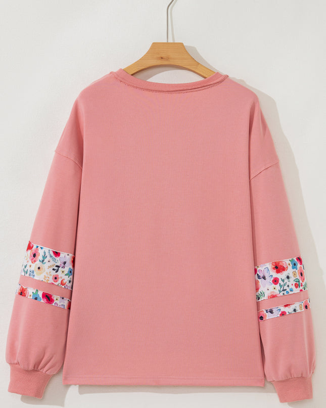 Peach Blossom Flower Applique Patchwork Drop Sleeve Pullover Sweatshirt