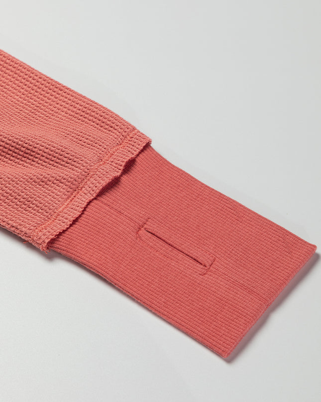 Mineral Red Waffle Knit Patchwork Exposed Seam Long Sleeve Top