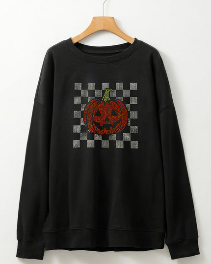 Black Rhinestone Jack-o-lantern Checkered Graphic Halloween Sweatshirt