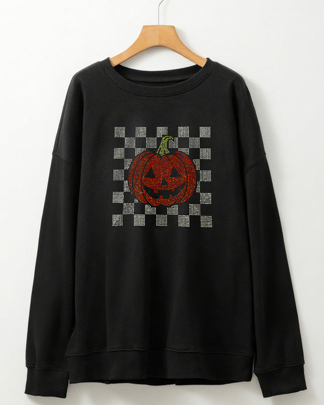 Black Rhinestone Jack-o-lantern Checkered Graphic Halloween Sweatshirt