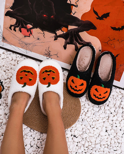 White Halloween Pumpkin Print Plush Slippers