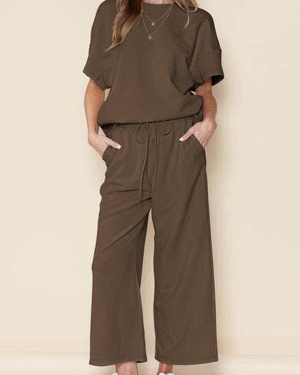 Black Textured Loose Fit T Shirt and Drawstring Pants Set