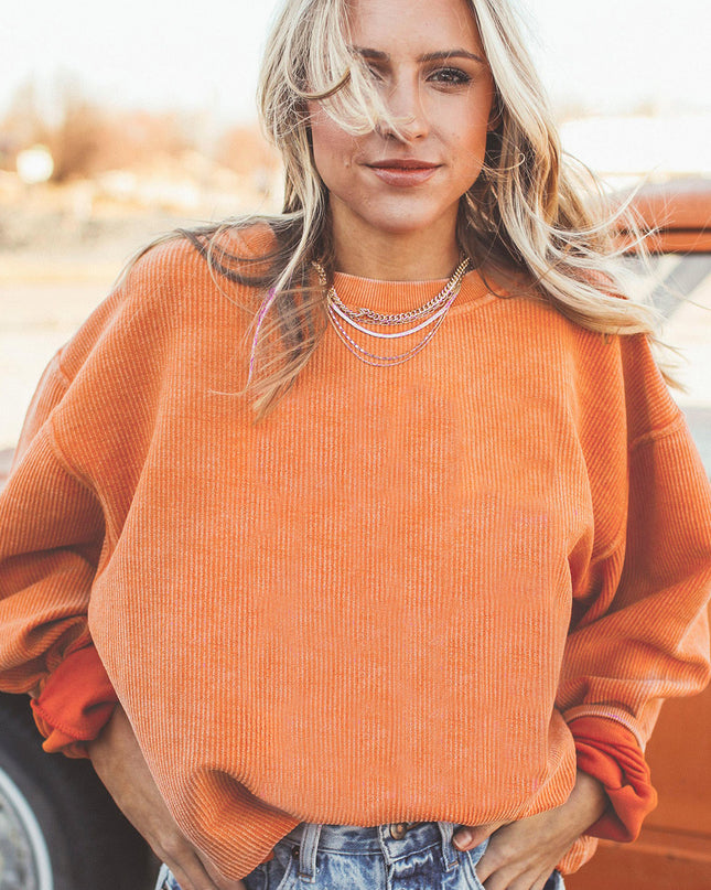 Red Plain Drop Sleeve Rib Knit Oversized Sweatshirt