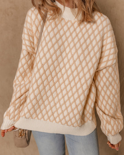 Smoke Gray Checkered Textured Knit Mock Neck Sweater