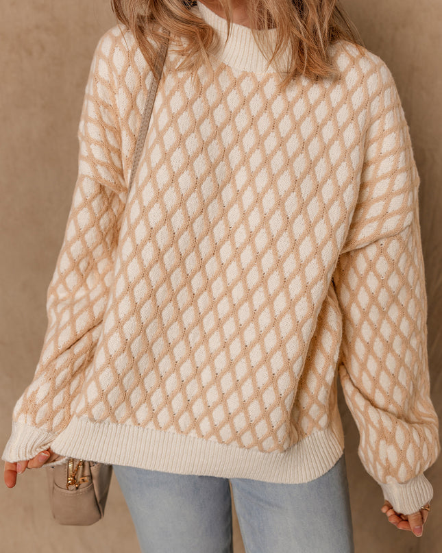 Smoke Gray Checkered Textured Knit Mock Neck Sweater