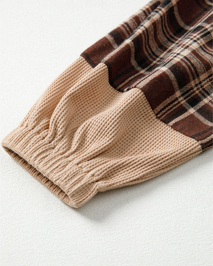 Brown Plaid Waffle Patchwork Henley Hoodie – Cozy Long Sleeve Top for Women
