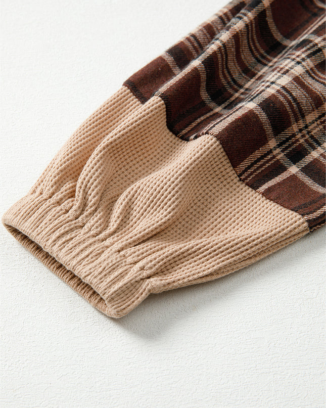 Brown Plaid Waffle Patchwork Henley Hoodie – Cozy Long Sleeve Top for Women