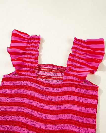 Rose Stripe Ruffle Strap Shirred Bodice Tiered Maxi Dress