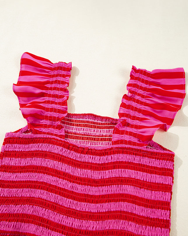 Rose Stripe Ruffle Strap Shirred Bodice Tiered Maxi Dress