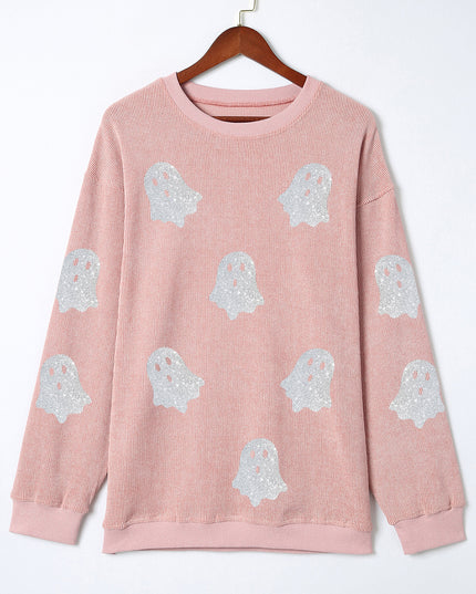 Pink Halloween Ghost Corded Crew Neck Loose Sweatshirt