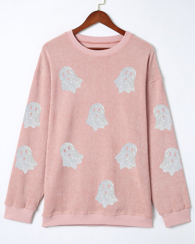 Pink Halloween Ghost Corded Crew Neck Loose Sweatshirt