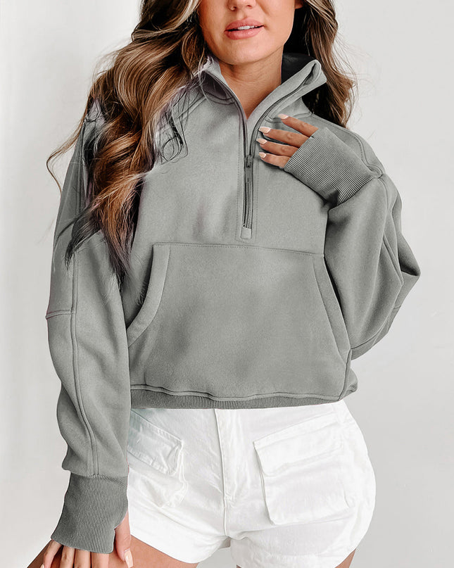 Black Zip Up Stand Collar Ribbed Thumbhole Sleeve Sweatshirt