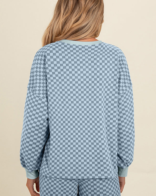 Sky Blue Checkerboard Contrast Trim Long Sleeve Pullover and Shorts Set