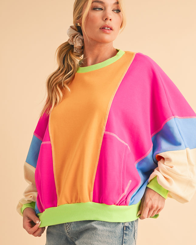Grapefruit Orange Colorblock Patchwork Drop Shoulder Top