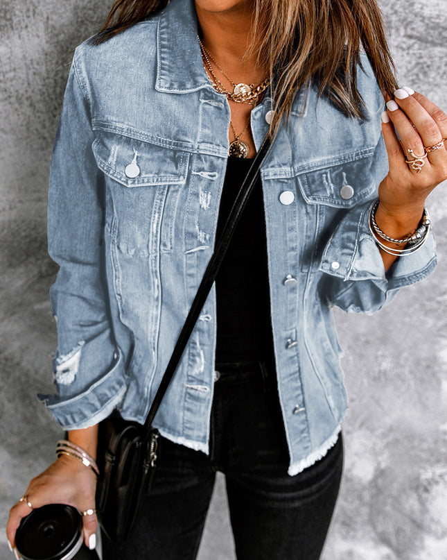 Light Blue Distressed Ripped Raw Hem Buttons Denim Jacket