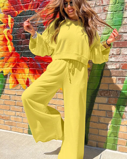 Mist Blue Wide-Leg Lounge Set | Drop Shoulder Crop Pullover & Drawstring Pants