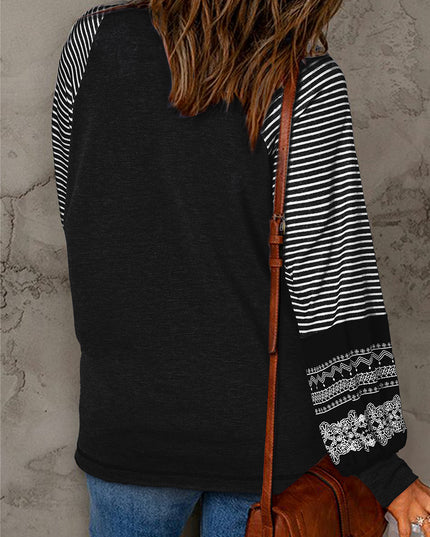 Rose Red Contrast Print Striped Raglan Long Sleeve Loose Top