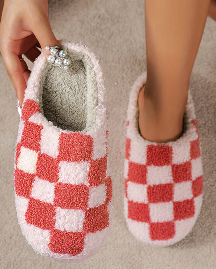 Fiery Red Checkered Print Fuzzy Slip On Winter Slippers