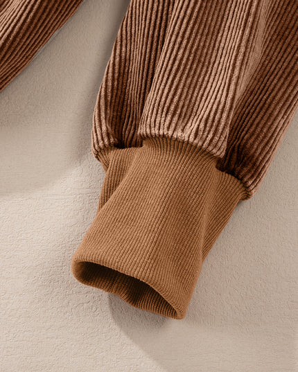 Chestnut Half Zipper Kangaroo Pocket Drawstring Corduroy Hoodie