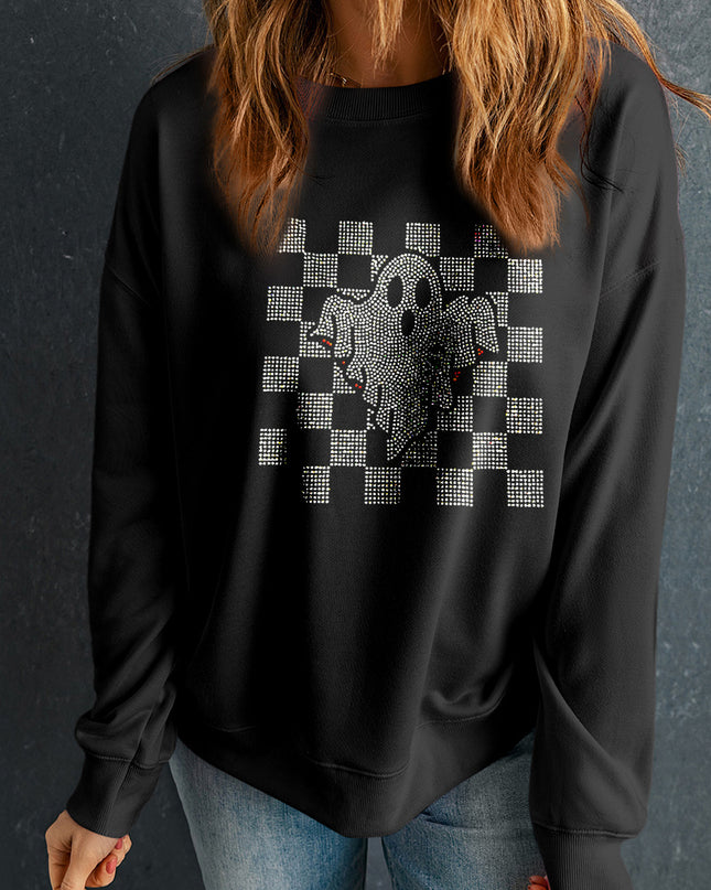 Black Rhinestone Checkered Halloween Ghost Drop Shoulder Sweatshirt