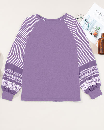 Rose Red Contrast Print Striped Raglan Long Sleeve Loose Top