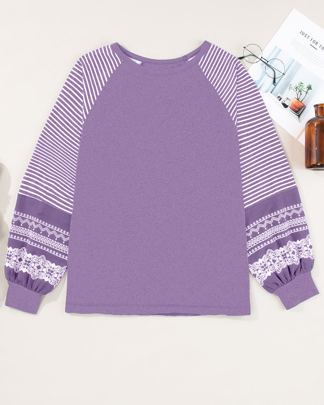 Rose Red Contrast Print Striped Raglan Long Sleeve Loose Top